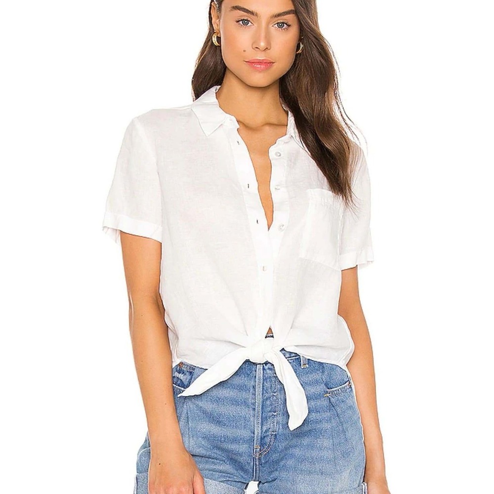 Theory‎ Hekanina 2 Spring Linen Short Sleeve Button Down Shirt White S